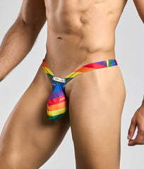 Rainbow-striped Justin + Simon Bulge Thong men’s jockstrap with vibrant multi-colored fabric design for bold style