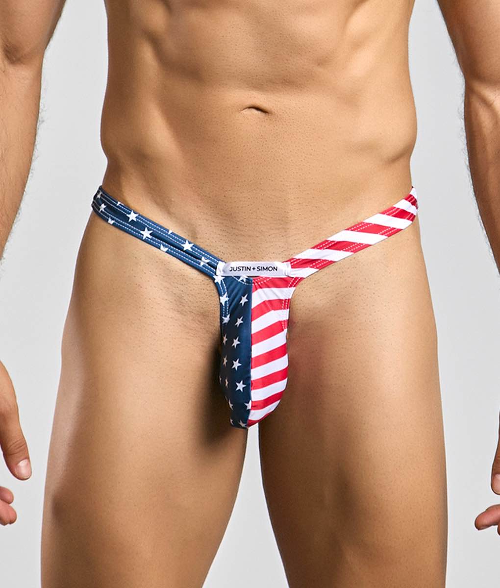 American flag-themed bulge thong by justin simon in patriotic colors and stretchy fabric for bold wear