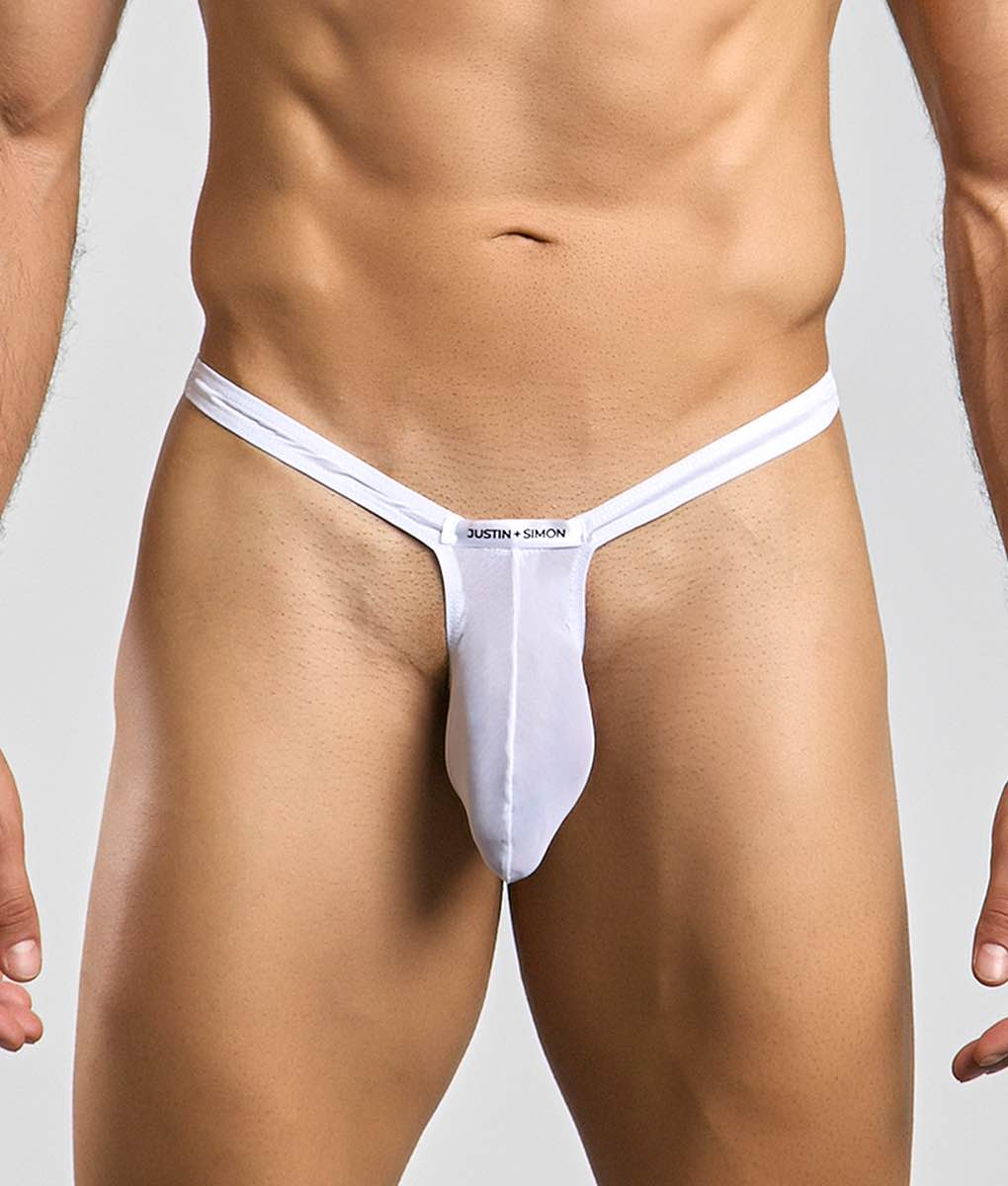 White Justin Simon bulge thong with sleek minimalist design and smooth fabric for comfortable wear