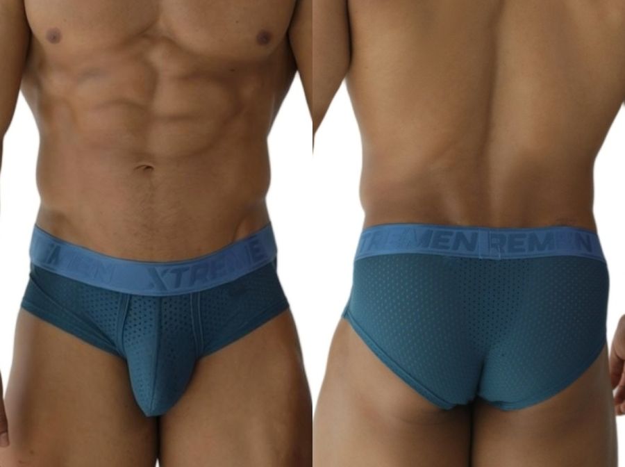 Blue mens briefs xtremen 91250 with mesh texture elastic waistband in petrol microfiber featuring men rem brand name