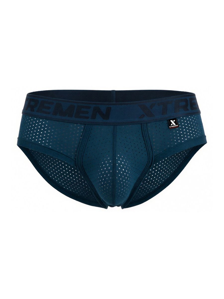 Navy blue breathable microfiber mesh briefs with xtremen branding on waistband in petrol color