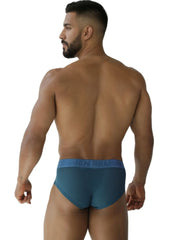 Teal xtremen 91250 microfiber mesh men’s briefs with matching elastic waistband featuring light blue men lettering