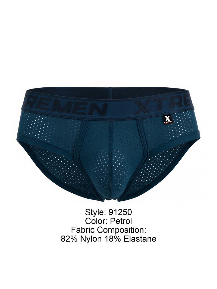 Petrol-colored xtremen 91250 microfiber mesh briefs with perforated design and elastic branded waistband
