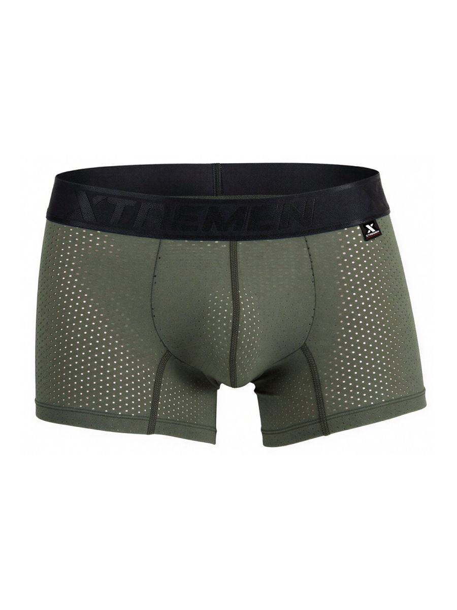 Olive green xtremen microfiber mesh boxer briefs with black elastic waistband featuring xtreme logo