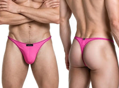 Front and back views of a man wearing fuchsia sleek microfiber thong underwear with thin waistband and Xtremen logo patch