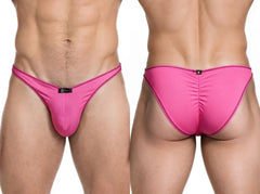 Xtremen men's sleek microfiber bikini underwear in bright fuchsia shown front and back with narrow sides and ruched back detail