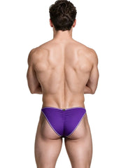 Rear view of a man wearing purple microfiber bikini underwear with white trim by Xtremen
