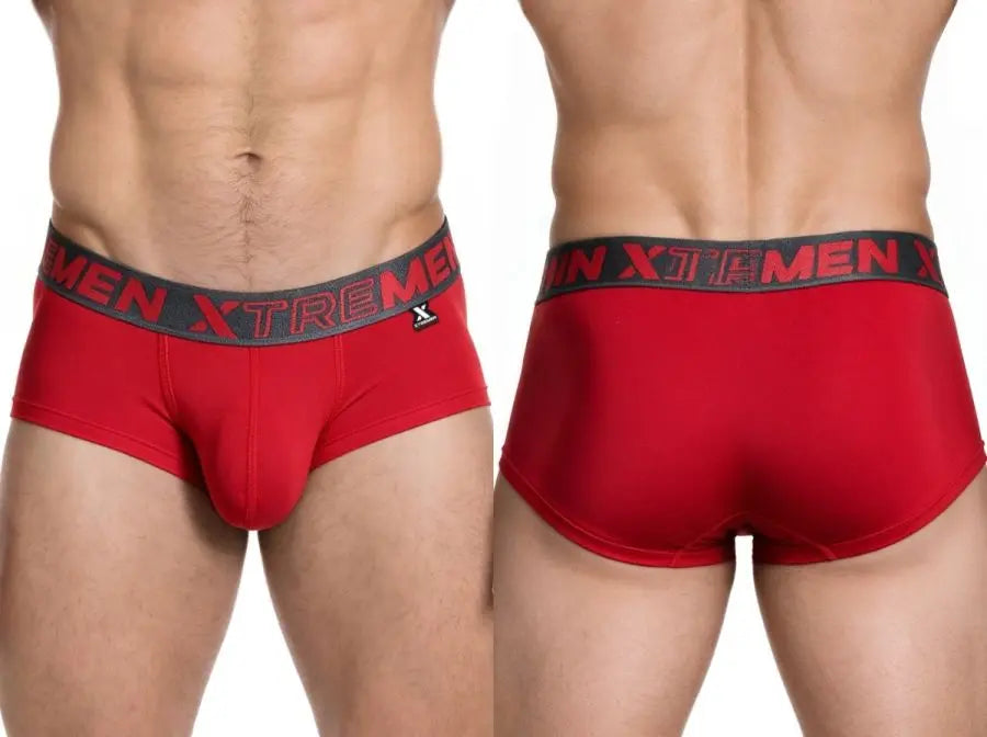 Front and back view of red microfiber men's briefs with black waistband featuring Xtremen logo by Xtremen