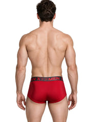 Rear view of a man wearing red microfiber briefs with a black waistband featuring Xtremen branding