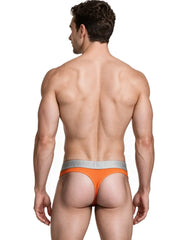 Rear view of a man wearing orange microfiber thong underwear with a gray waistband by Xtremen