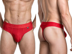 Xtremen men's red microfiber thong underwear with wide waistband and logo patch shown front and back on a male model