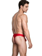 Male model wearing red sleek microfiber thong underwear with branded waistband by Xtremen shown from back