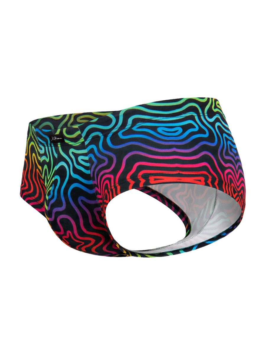 Xtremen 91283 rainbow printed microfiber briefs with vibrant rainbow topographic pattern on black fabric