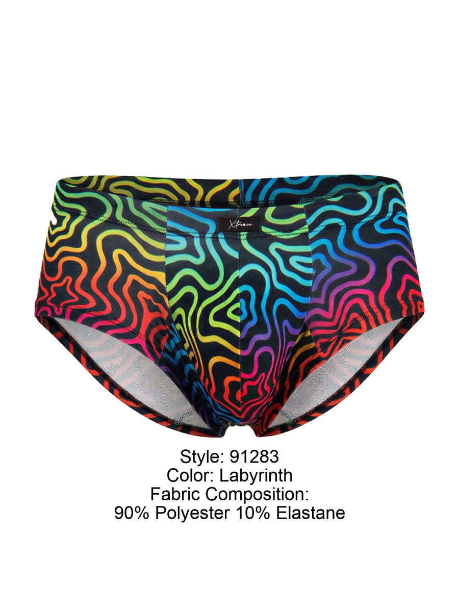 Xtremen 91283 rainbow printed microfiber briefs with vibrant psychedelic labyrinth pattern and black trim