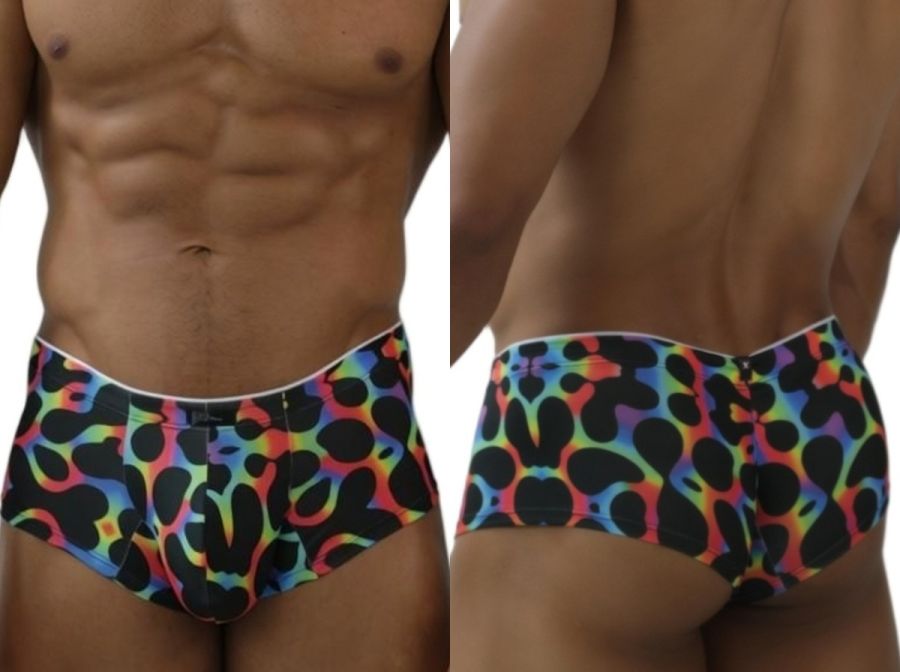 Xtremen 91283 rainbow printed microfiber briefs with black abstract pattern and white waistband in color mushroom