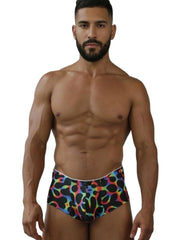 Xtremen 91283 rainbow printed microfiber briefs with rainbow leopard print, black spots, and a white waistband