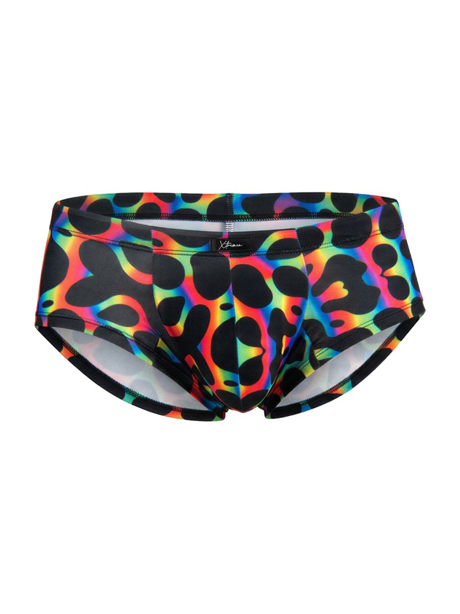 Xtremen 91283 rainbow printed microfiber briefs with vibrant rainbow colors and bold black leopard print pattern