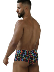 Xtremen 91283 rainbow printed microfiber briefs with colorful leopard print and rainbow gradient border in mushroom color