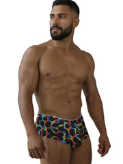 Men’s Xtremen 91283 microfiber swim trunks with vibrant rainbow leopard print and black spots, white waistband