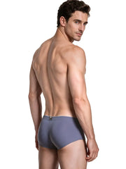 Rear view of a man wearing gray sleek microfiber briefs with a small logo tag on the waistband by Xtremen