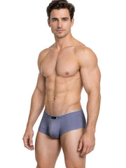 Male model wearing gray sleek microfiber briefs with a low-rise waistband and contour pouch by Xtremen