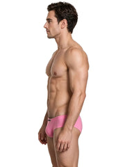 Side view of a male model wearing pink sleek microfiber briefs with a black waistband logo by Xtremen