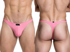 Xtremen men's pink microfiber thong underwear with sleek minimalist design shown front and back on model