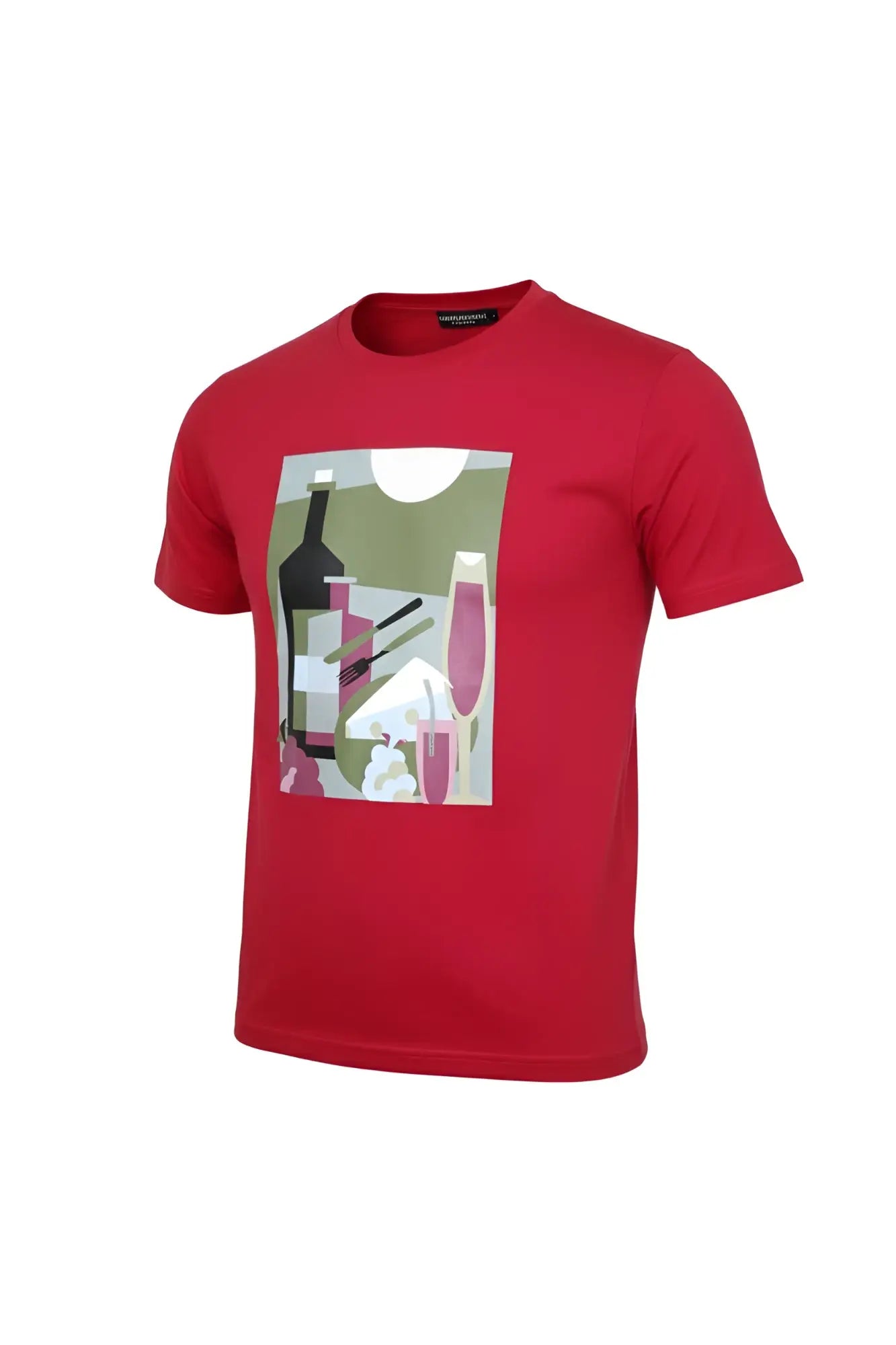 Red cotton abstract graphic t-shirt with bold stylized wine bottles and glasses print in muted tones