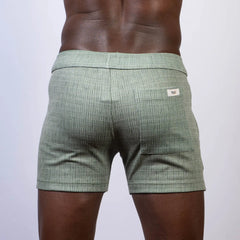 Abstract linen texture mint green shorts with subtle woven pattern and branded label on the back waistband