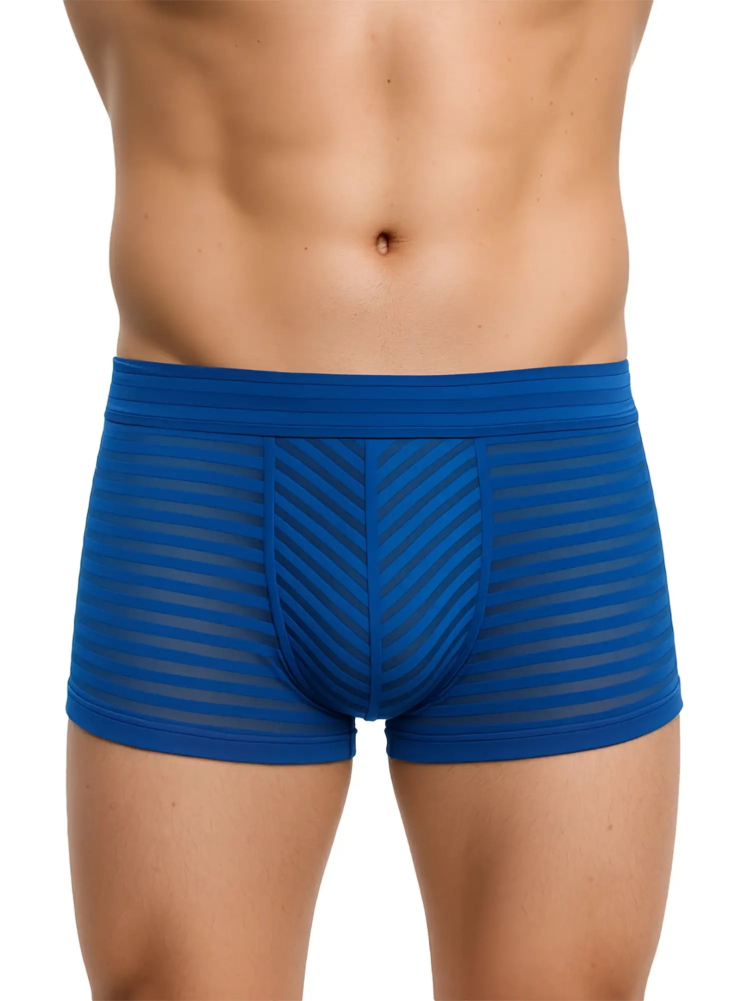 Blue striped men’s boxer briefs with chevron pattern and sheer mesh fabric activeStripe nylon trunk front view