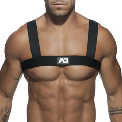 Black ad basic harness chest strap with adjustable shoulder straps and central logo patch