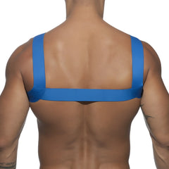Blue elastic strap ad basic harness worn across the back showing adjustable fit and durable material