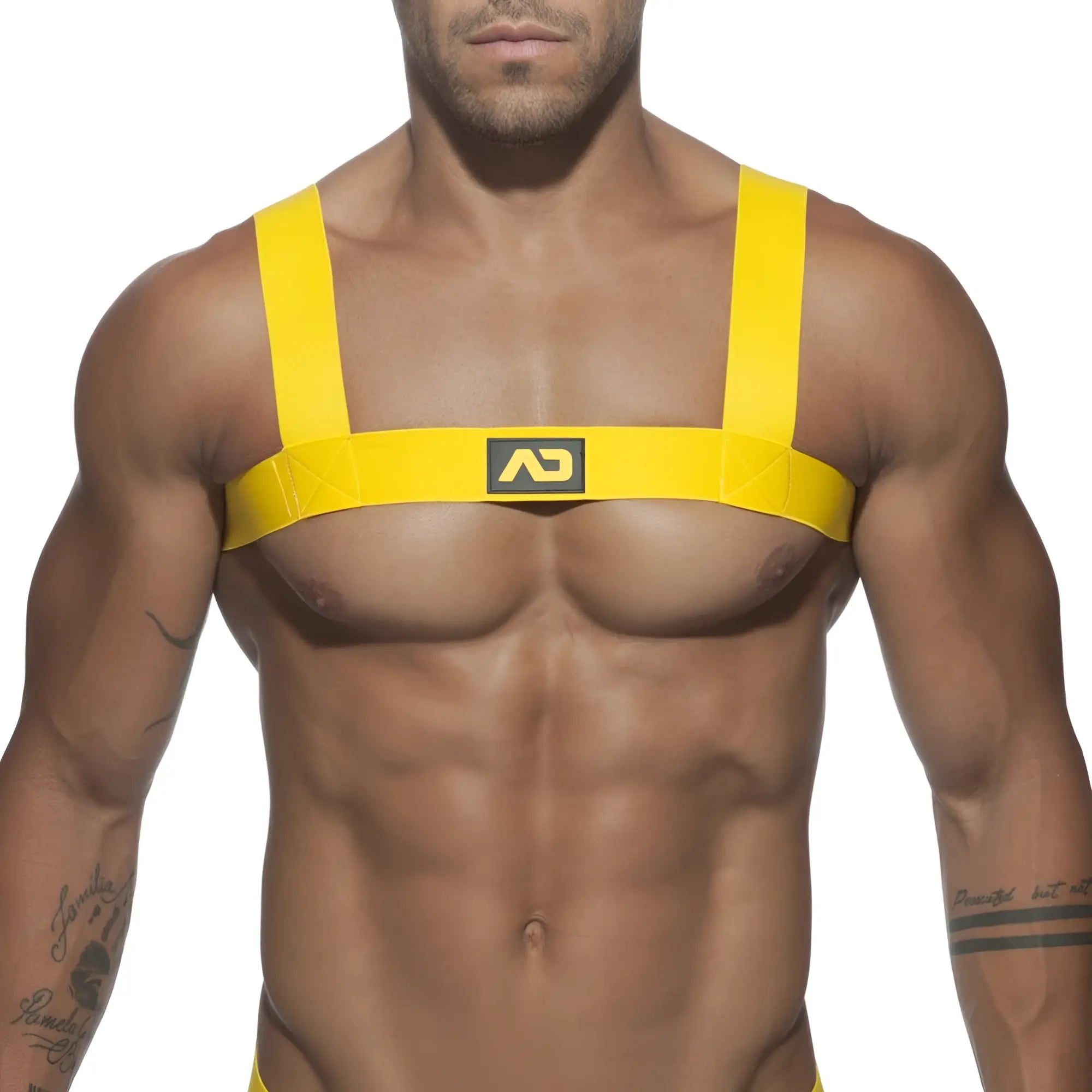 Bright yellow ad basic harness chest harness with bold straps and central logo patch for secure fit