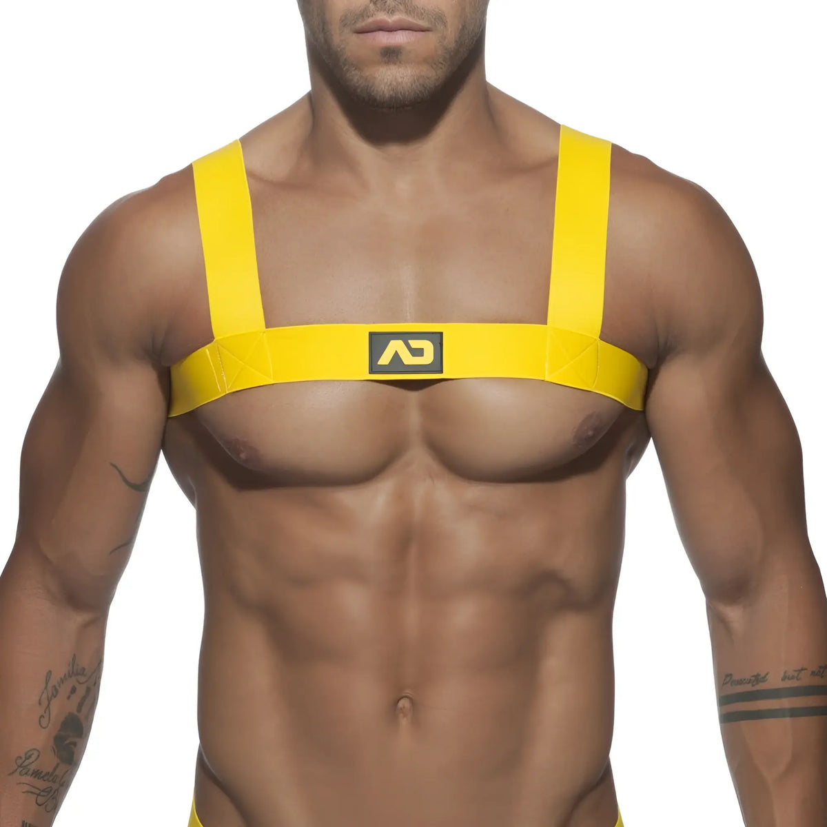 Bright yellow ad basic harness chest harness with bold straps and central logo patch for secure fit