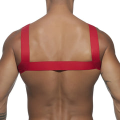 Red fabric ad basic harness worn across the back showing adjustable straps and durable material design