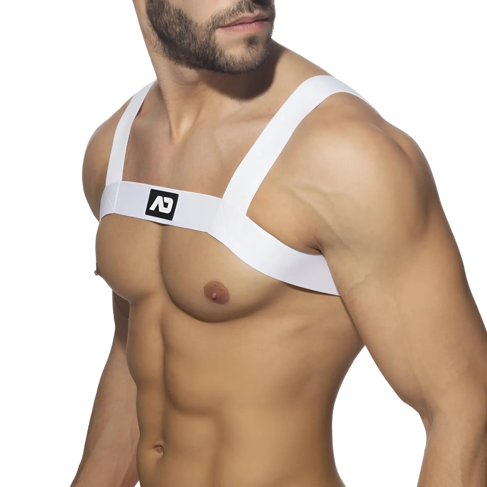 White ad basic harness chest strap with minimalist design and black logo for secure fit and comfort