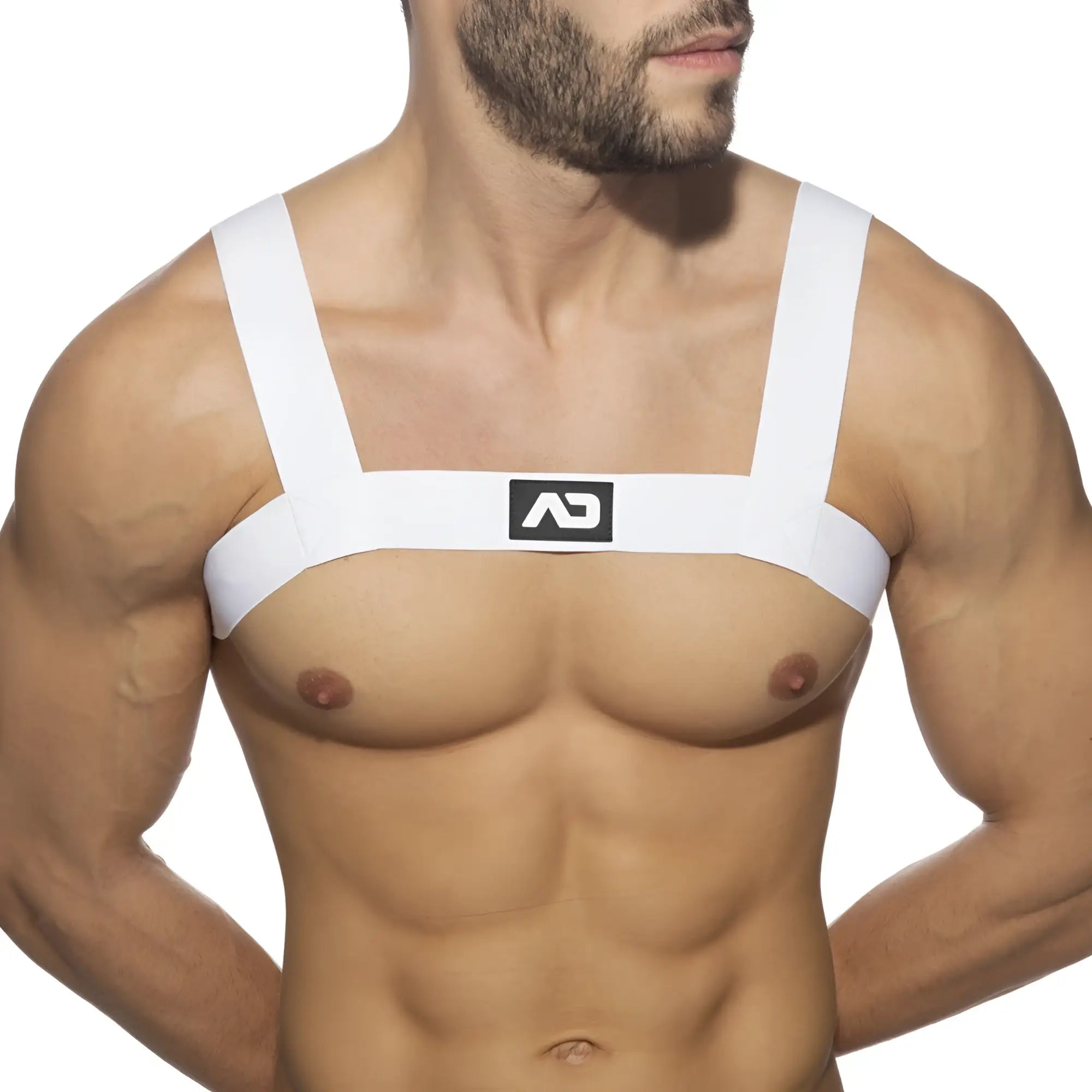 White ad basic harness chest strap with minimalist design and black logo for secure wearable support
