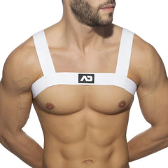 White ad basic harness chest strap with minimalist design and black logo for secure wearable support