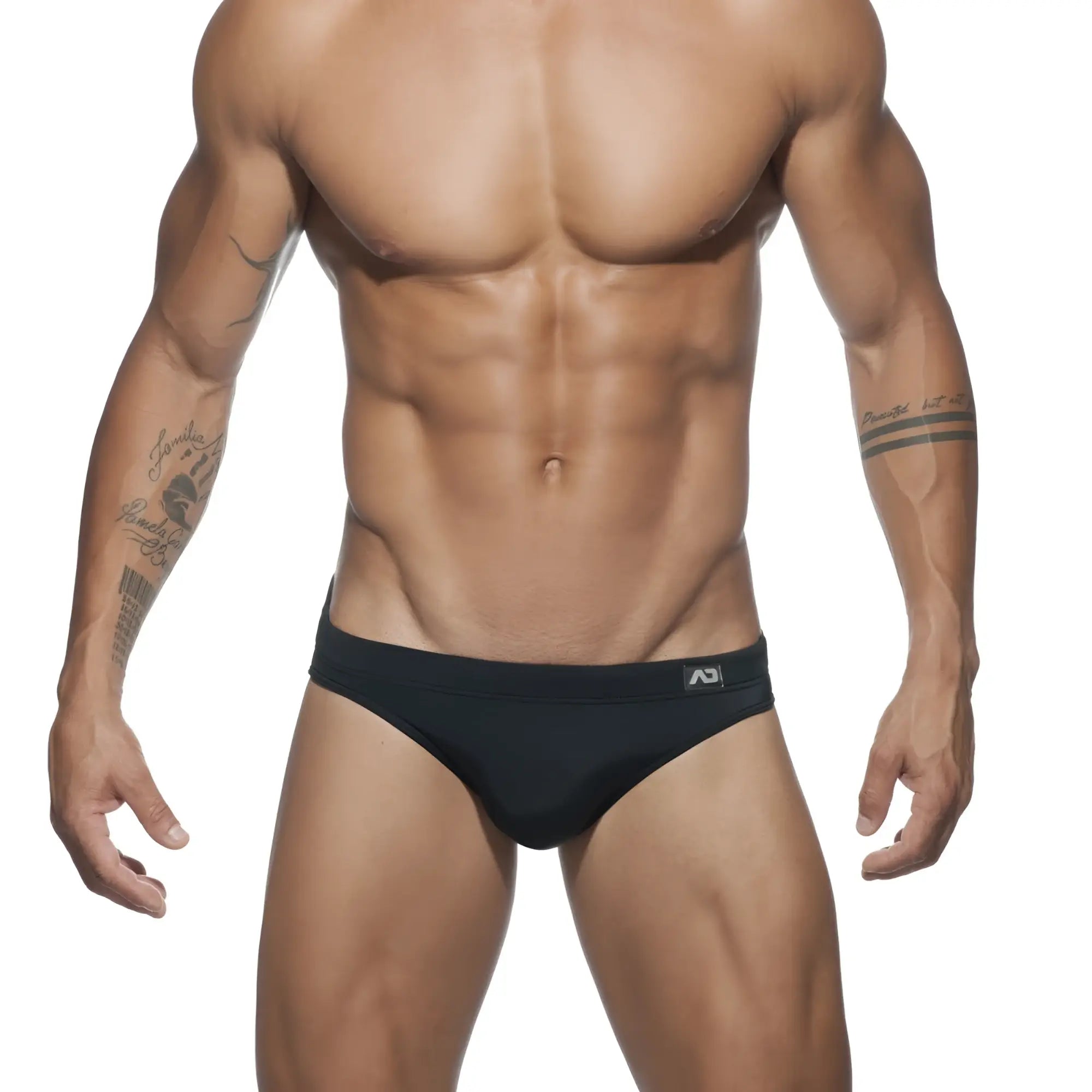 Black ad basic swim brief with subtle logo on waistband designed for comfortable swimming use