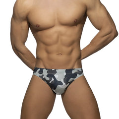 Gray and black camouflage patterned men’s ad basic swim brief designed for swimming and water activities