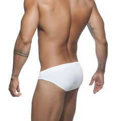 White ad basic swim brief with smooth form-fitting design ideal for swimming and water activities