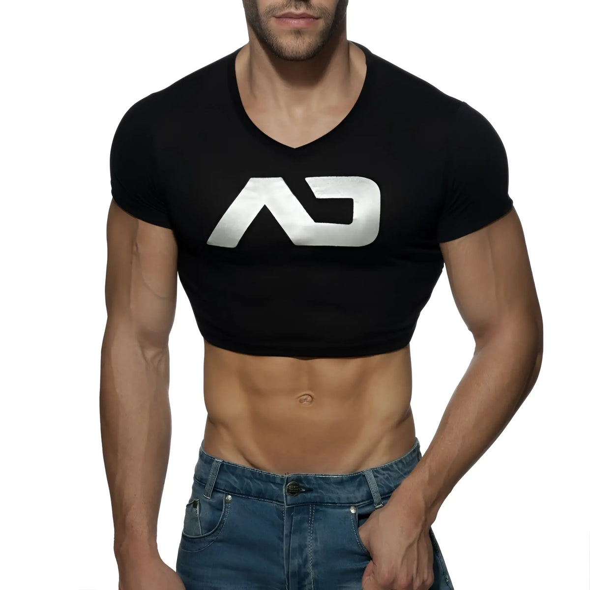 Black cropped v neck t shirt with metallic silver ad logo across the chest from the ad crop top collection