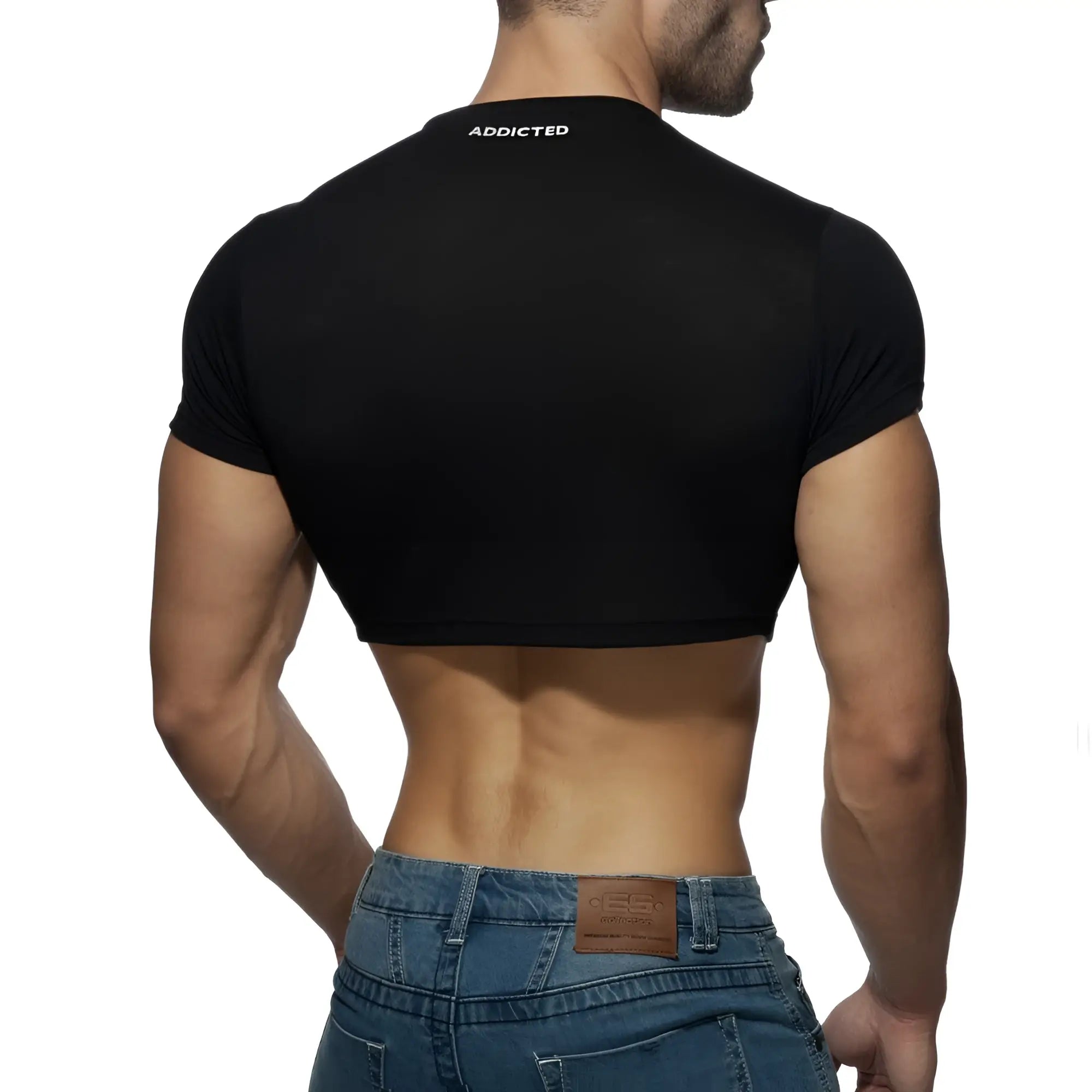 Black short-sleeved crop top with addicted branding at the neckline for casual and stylish wear