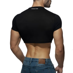 Black short-sleeved crop top with addicted branding at the neckline for casual and stylish wear