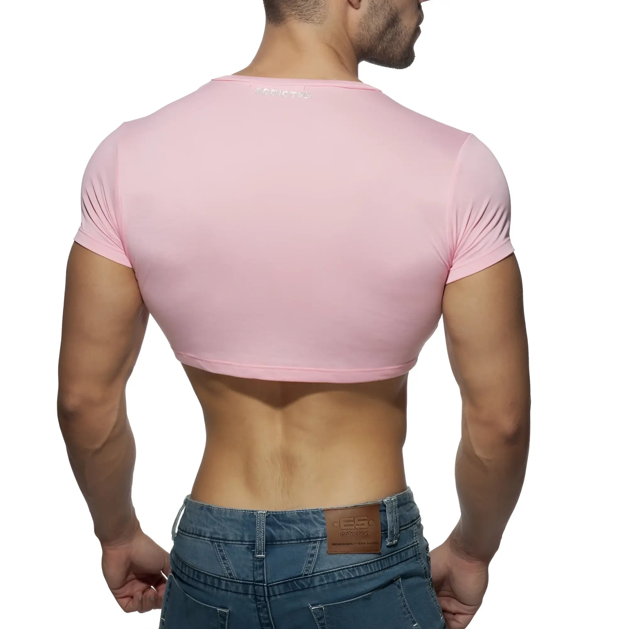 Pink ad crop top with short sleeves round neckline and stretchy fabric for a comfortable fit