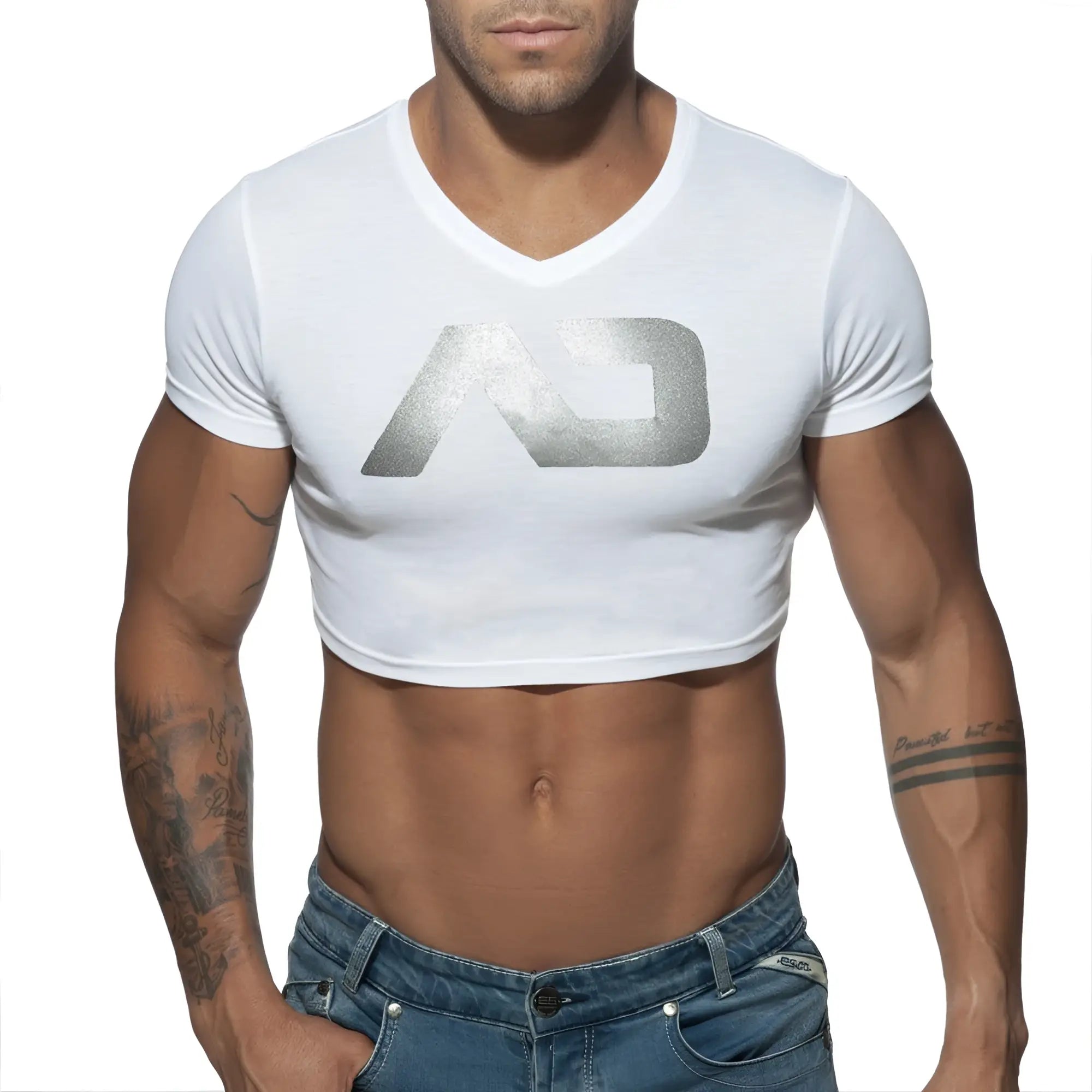 White cropped v-neck t-shirt with metallic silver logo detail from AD crop top collection
