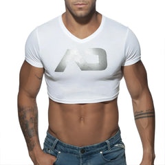 White cropped v-neck t-shirt with metallic silver logo detail from AD crop top collection