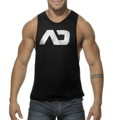 Black sleeveless tank top with distressed white ad logo designed as a low rider style casual wear