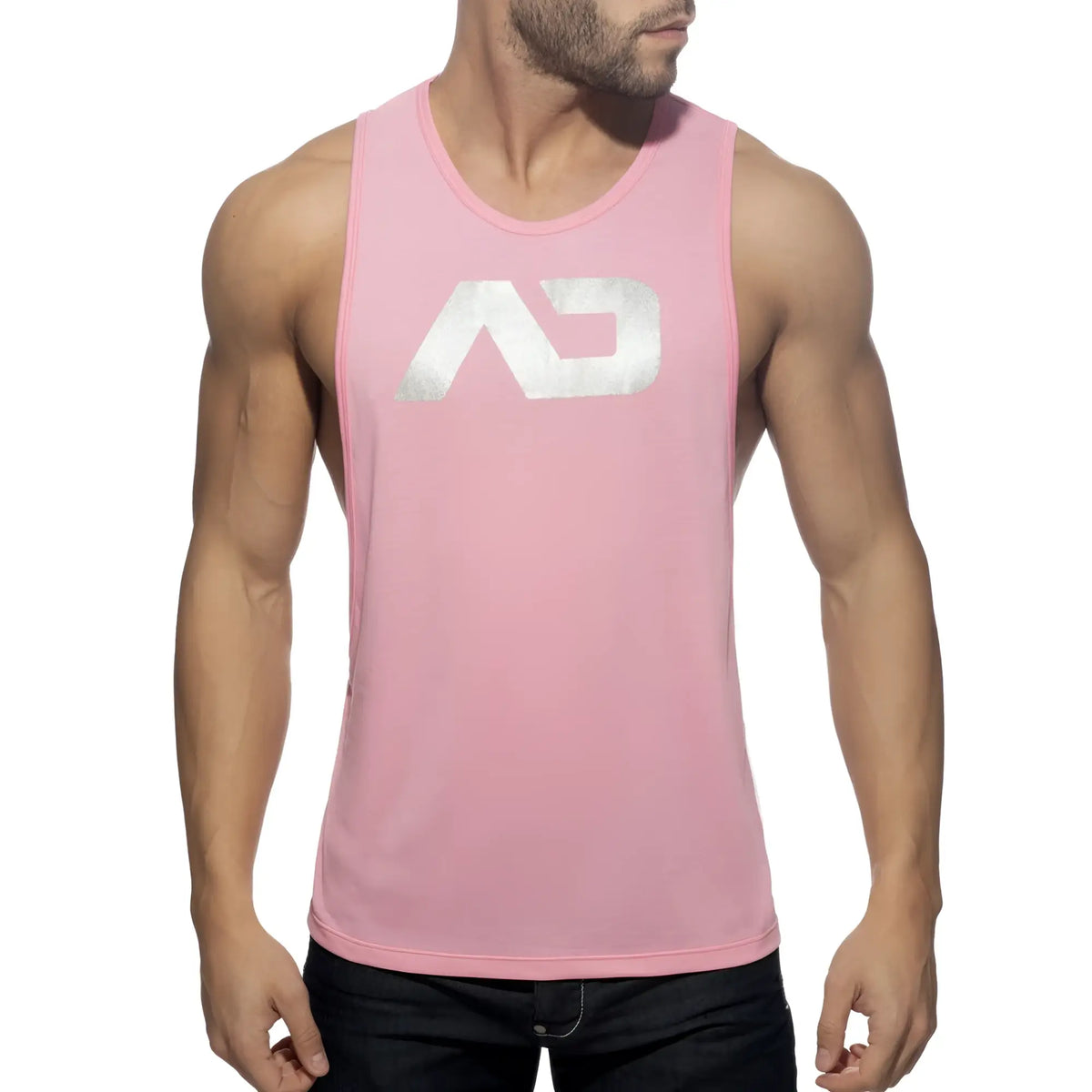 Pink sleeveless tank top with silver metallic ad logo on chest from the ad logo low rider collection