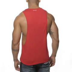 Red sleeveless athletic tank top with back cutout and addicted branding at neckline from ad logo low rider collection